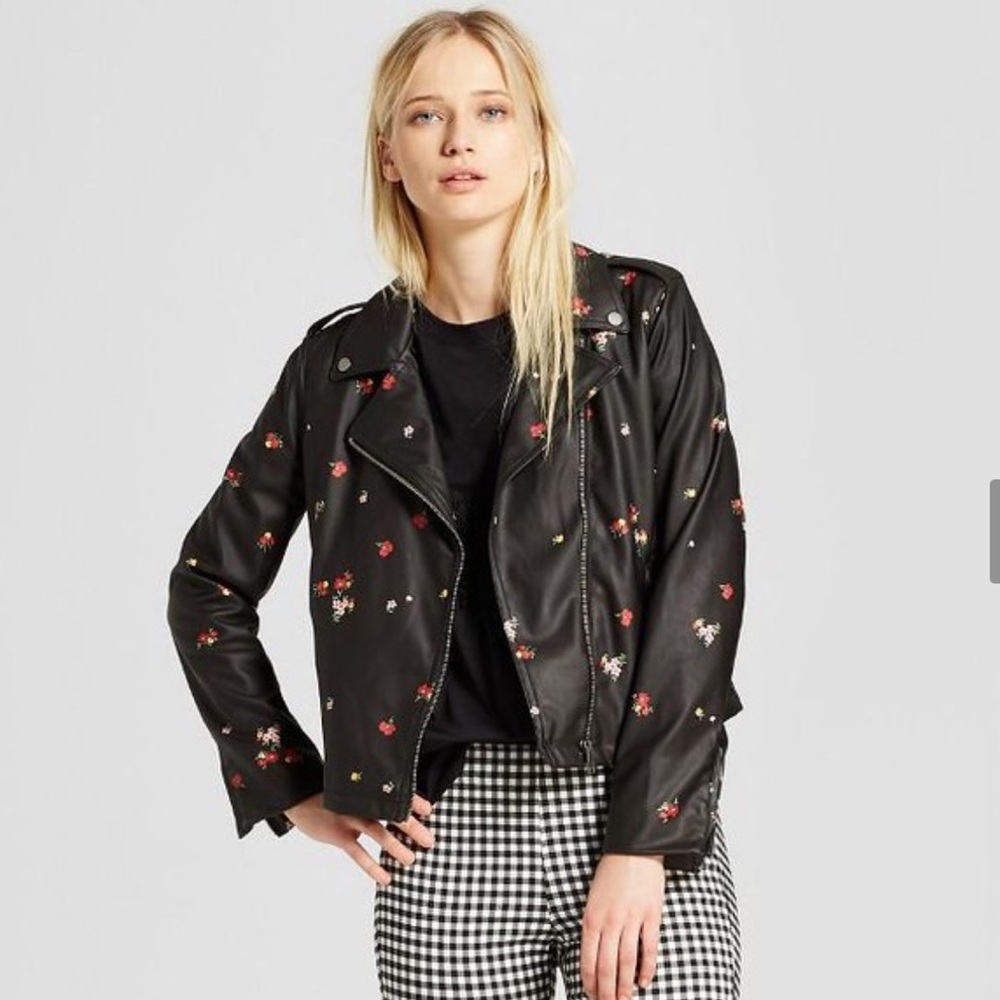 WHO WHAT WEAR || flux leather Floral moto Black Jacket size M